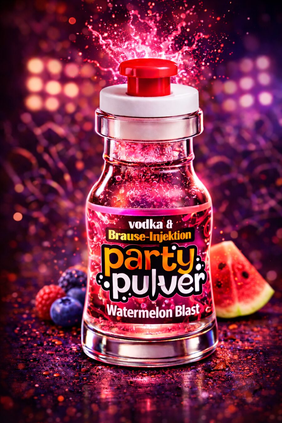 Partypulver Fläschchen, Sorte Watermelon Blast, mit rotem Druckknopf-Verschluss